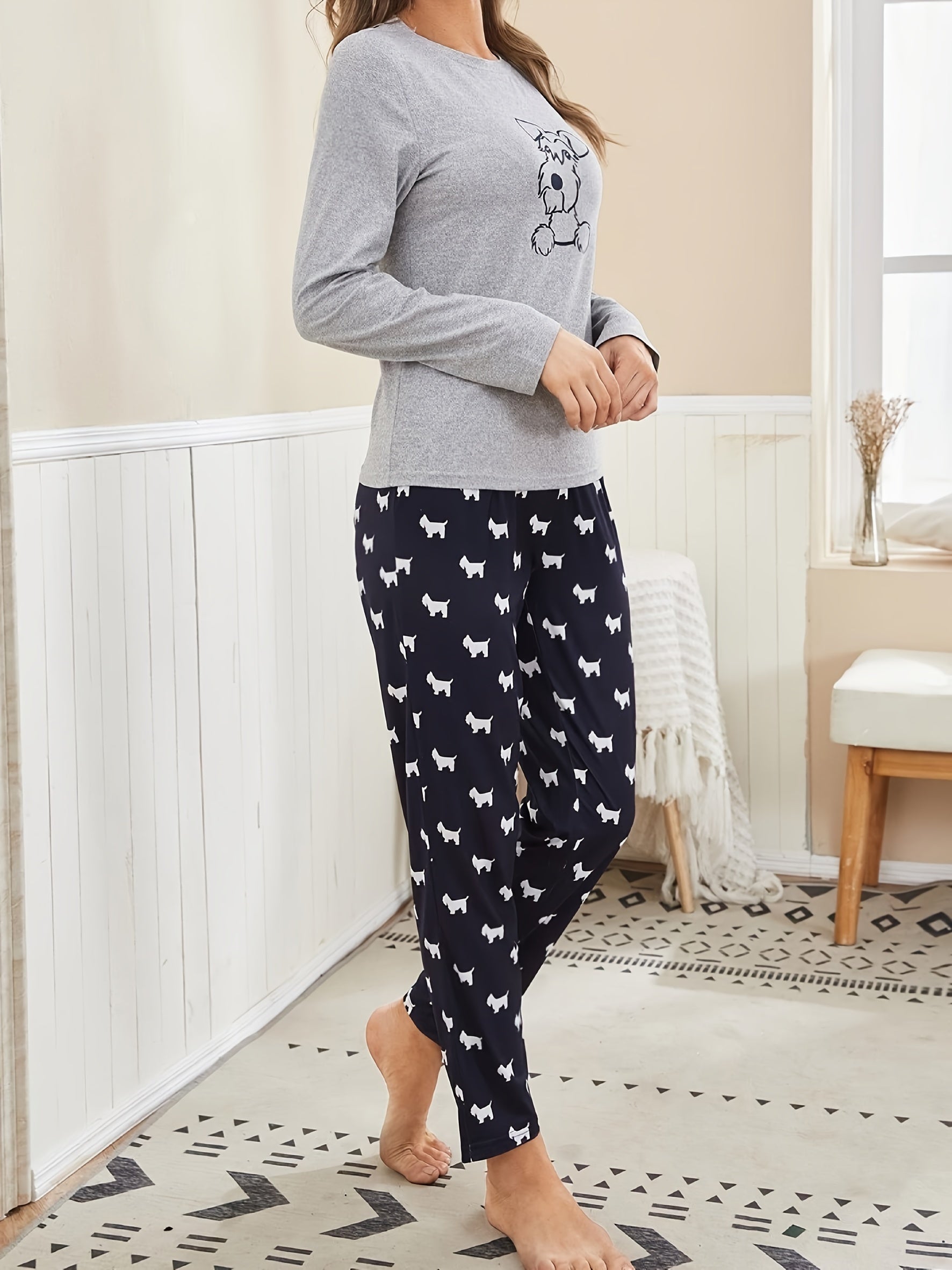 Long Sleeve Cartoon Dog Print Pajama Set, Women's Crew Neck Top & Elastic Waistband Pants Sleepwear & Loungewear
