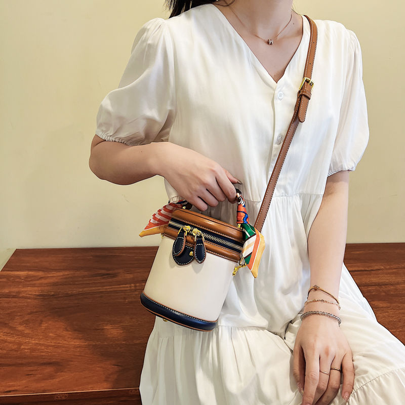 Colorblock Shoulder Cylinder Bucket Bag, Scarf Decor Top Handle Bag, Stylish Crossbody Purse For Women