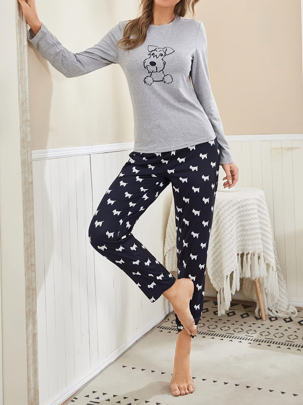 Long Sleeve Cartoon Dog Print Pajama Set, Women's Crew Neck Top & Elastic Waistband Pants Sleepwear & Loungewear