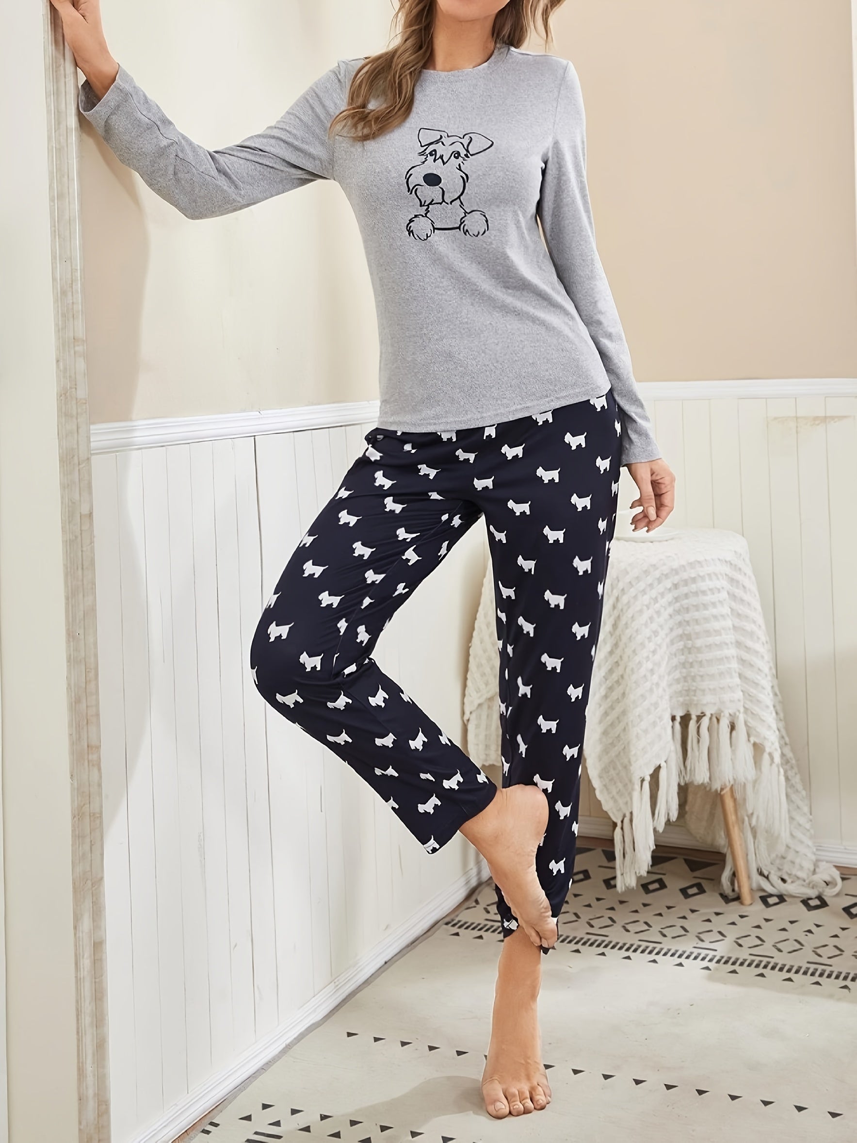 Long Sleeve Cartoon Dog Print Pajama Set, Women's Crew Neck Top & Elastic Waistband Pants Sleepwear & Loungewear