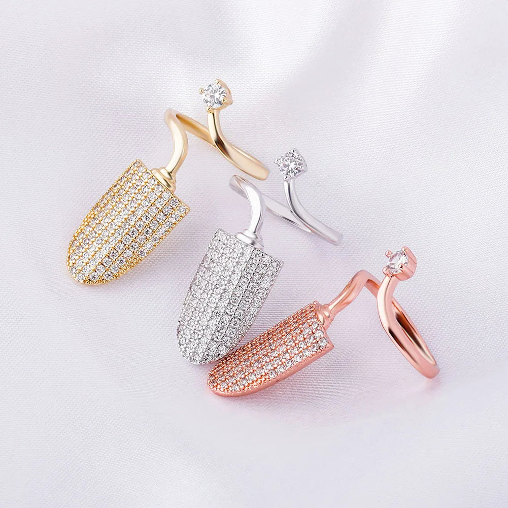 TOPGRILLZ New Nail Ring with White/Blue/Pink zircon Ring Full Iced Out Micro Pave Adjustable Ring Hip Hop Jewelry Gift For Women