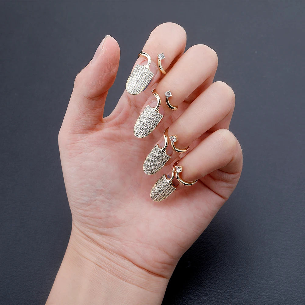 TOPGRILLZ New Nail Ring with White/Blue/Pink zircon Ring Full Iced Out Micro Pave Adjustable Ring Hip Hop Jewelry Gift For Women