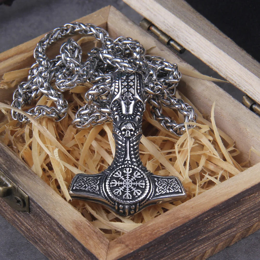 Nordic Viking Mjolnir Stainless Steel Thor Hammer Skull Helm of Awe Necklace For Men With Wooden Box