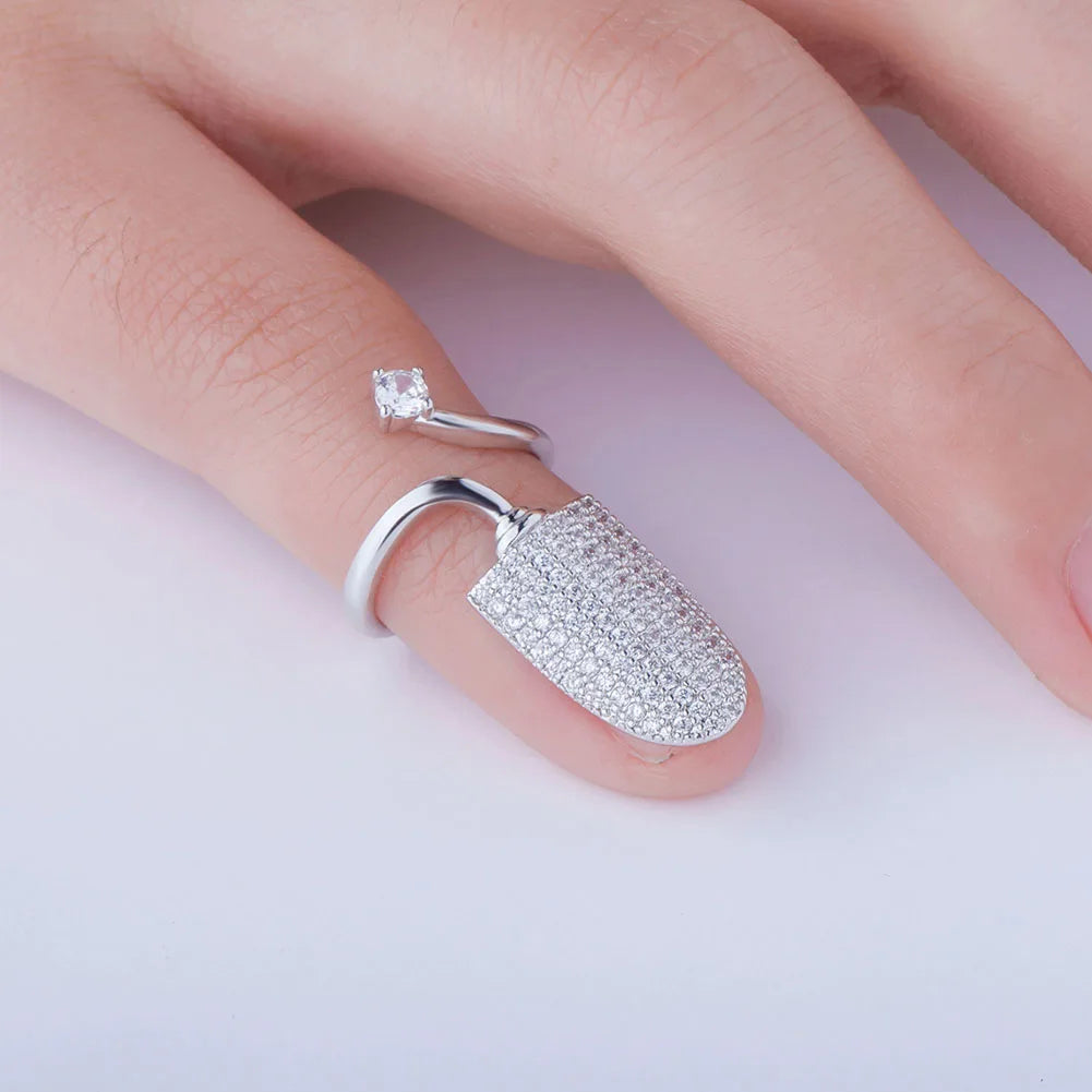 TOPGRILLZ New Nail Ring with White/Blue/Pink zircon Ring Full Iced Out Micro Pave Adjustable Ring Hip Hop Jewelry Gift For Women