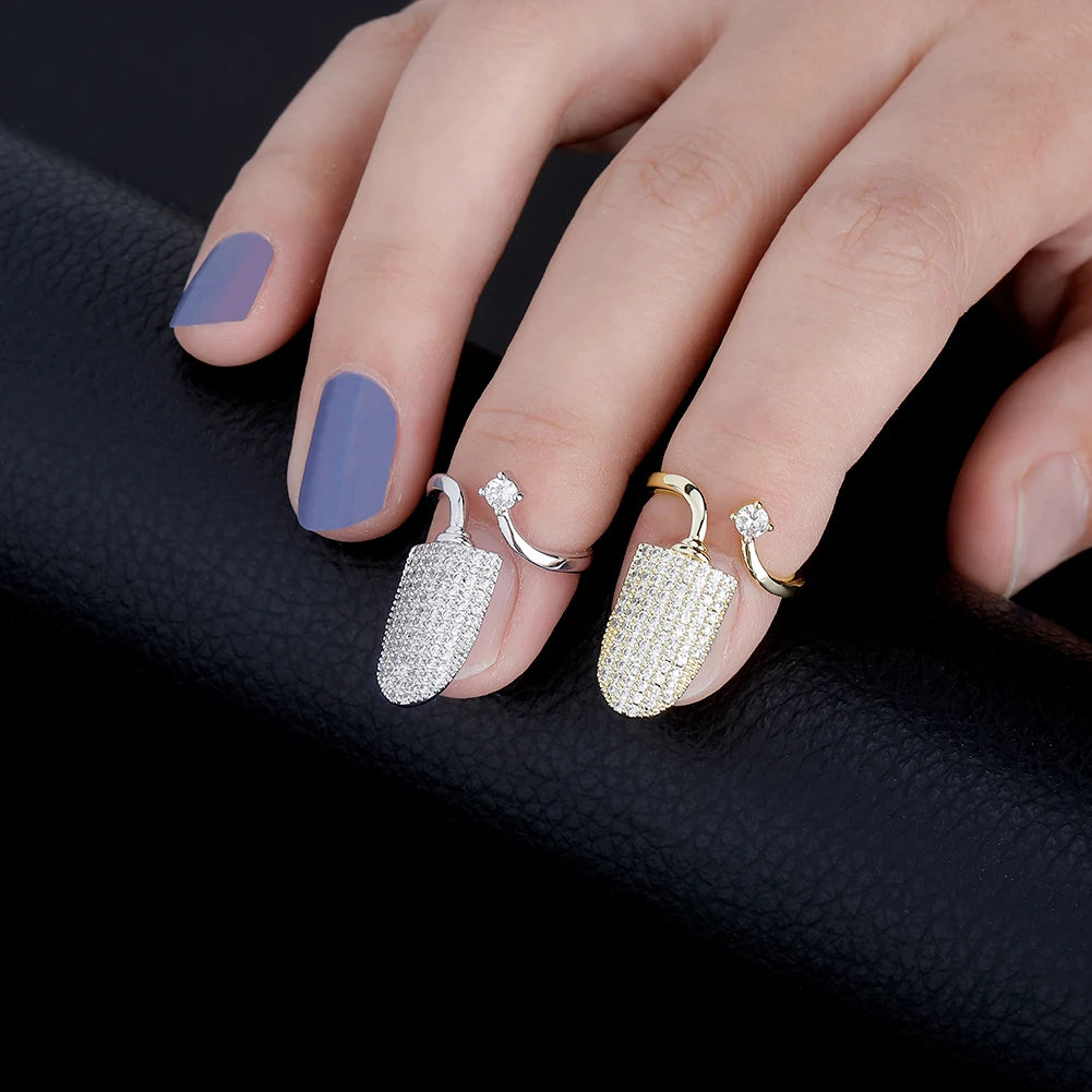 TOPGRILLZ New Nail Ring with White/Blue/Pink zircon Ring Full Iced Out Micro Pave Adjustable Ring Hip Hop Jewelry Gift For Women