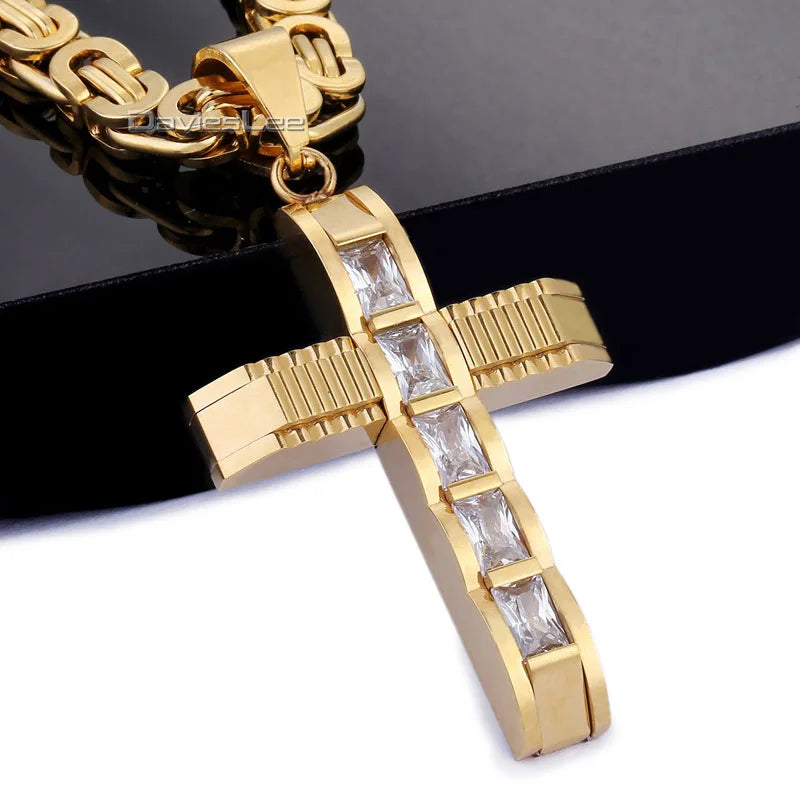 Cross Pendant Necklaces for Men Stainless Steel Byzantine Chain Gold Black Silver Color Mens Necklaces CZ Rhinestone DLKPM86
