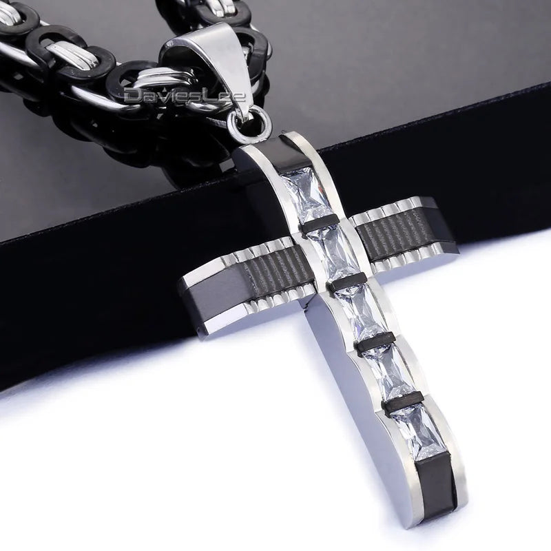 Cross Pendant Necklaces for Men Stainless Steel Byzantine Chain Gold Black Silver Color Mens Necklaces CZ Rhinestone DLKPM86
