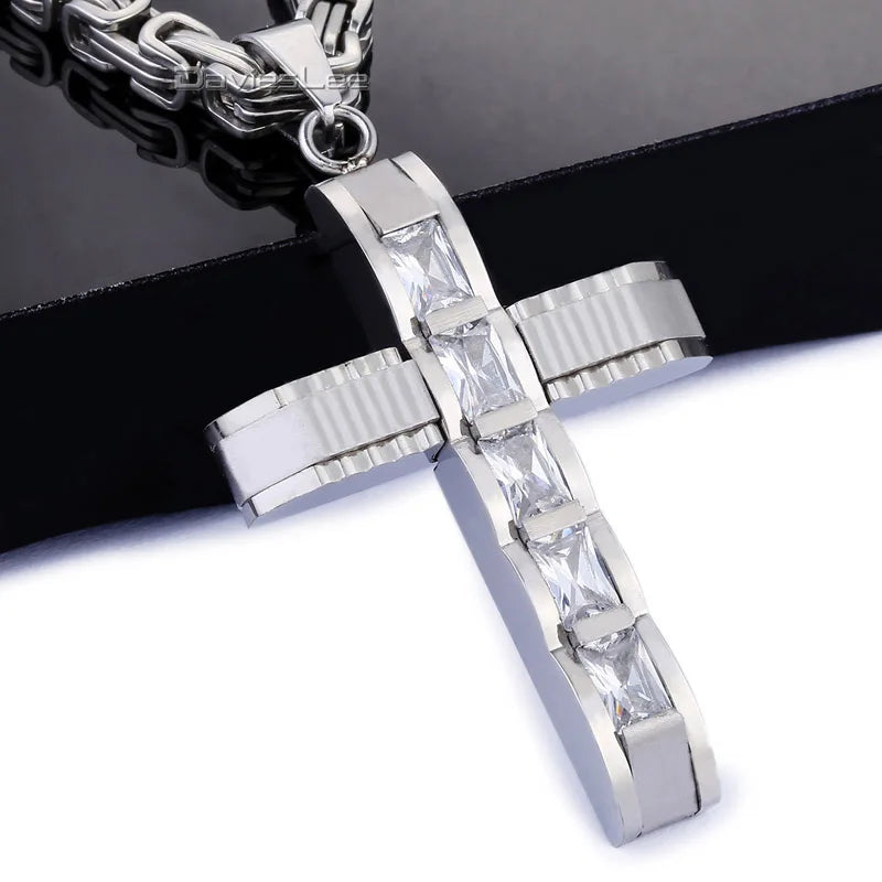 Cross Pendant Necklaces for Men Stainless Steel Byzantine Chain Gold Black Silver Color Mens Necklaces CZ Rhinestone DLKPM86