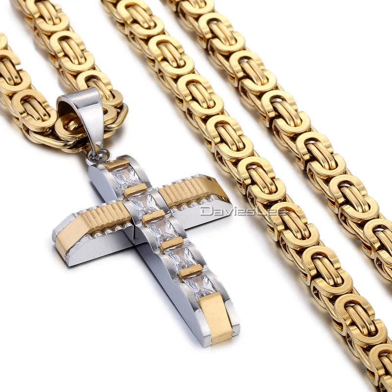 Cross Pendant Necklaces for Men Stainless Steel Byzantine Chain Gold Black Silver Color Mens Necklaces CZ Rhinestone DLKPM86