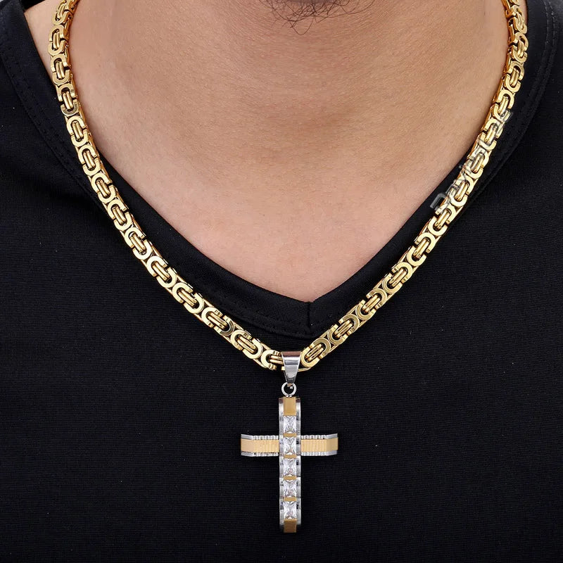 Cross Pendant Necklaces for Men Stainless Steel Byzantine Chain Gold Black Silver Color Mens Necklaces CZ Rhinestone DLKPM86