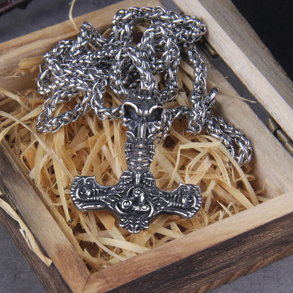 Nordic Viking Mjolnir Stainless Steel Thor Hammer Skull Helm of Awe Necklace For Men With Wooden Box