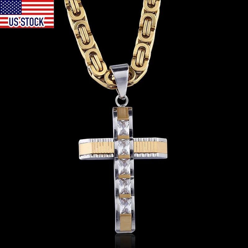 Cross Pendant Necklaces for Men Stainless Steel Byzantine Chain Gold Black Silver Color Mens Necklaces CZ Rhinestone DLKPM86