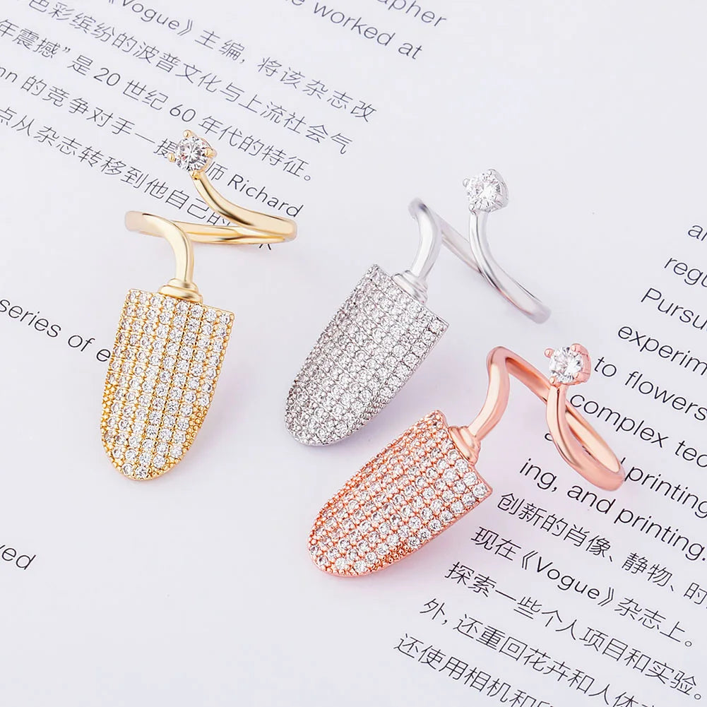 TOPGRILLZ New Nail Ring with White/Blue/Pink zircon Ring Full Iced Out Micro Pave Adjustable Ring Hip Hop Jewelry Gift For Women
