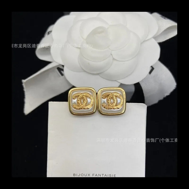 Double Sugar Stud Earrings Women's Fashion Black Square Pair with Label Tide