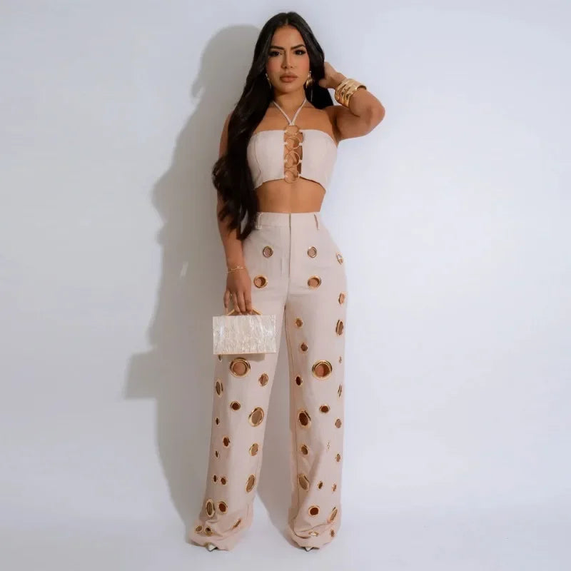 Metal Ring Hollow Out Two Piece Set Women Sexy Strapless Lace Up Halter Backless Crop Tops + Wide Leg Pants Casual Street Suits
