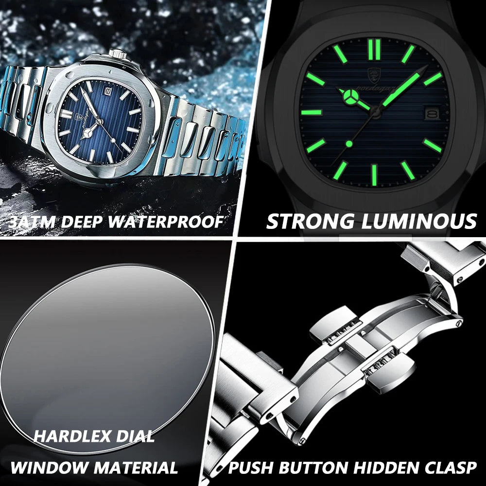 POEDAGAR Luxury Casual Watch Top Brand Fashion Square Dial Stainless Steel Calendar Luminous Waterproof Men Watch Male Clock+Box