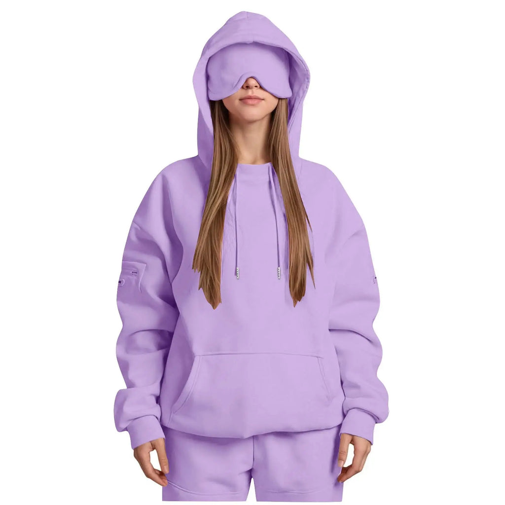Unisex Hooded Sweatshirt With Built-In Eye Mask Casual Long Sleeved Solid Color Sports Pullover Loose Fit Sweatshirt 2025