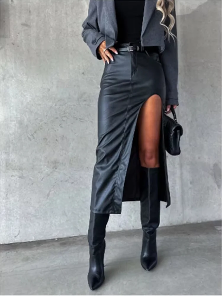 Gothic Mid Pu Leather Black Dress Solid Color Slit Sexy Hip Hugging Skirt High Streetwear Fashion Punk Style Vintage Clothes