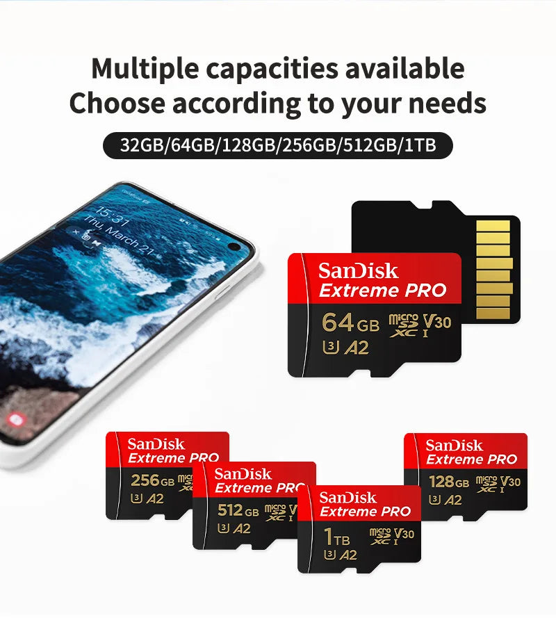 Original Sandisk Extreme PRO Card 32GB 64GB 128GB 256GB High Speed 512GB 1TB V30 Micro SD Card Class 10 UHS-I U3 Memory Card