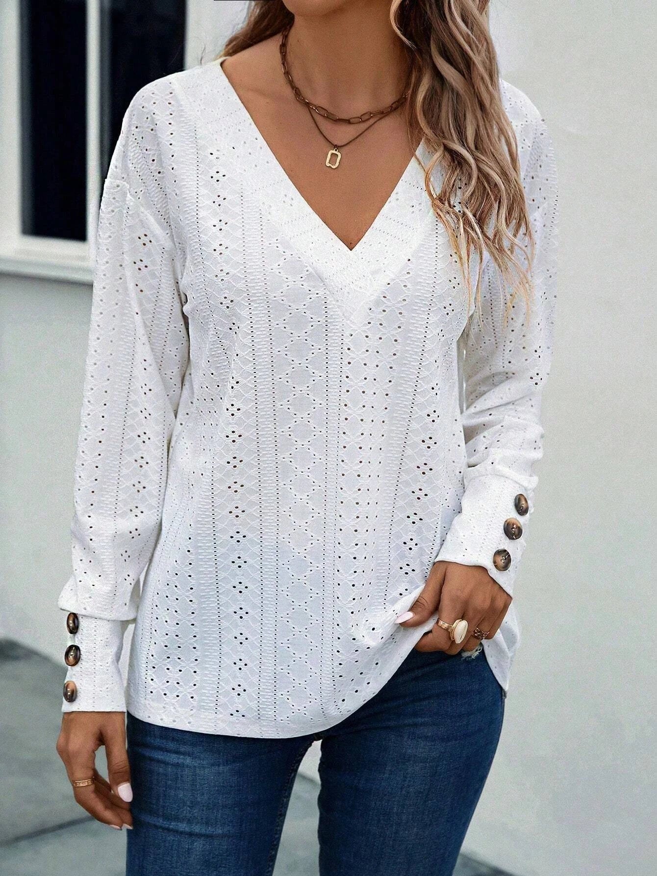 Woman Clothes White V-Neck Long Sleeve T Shirt  Hollow Button Blouse Simple Elegant Autumn Office Lady Tops Woman