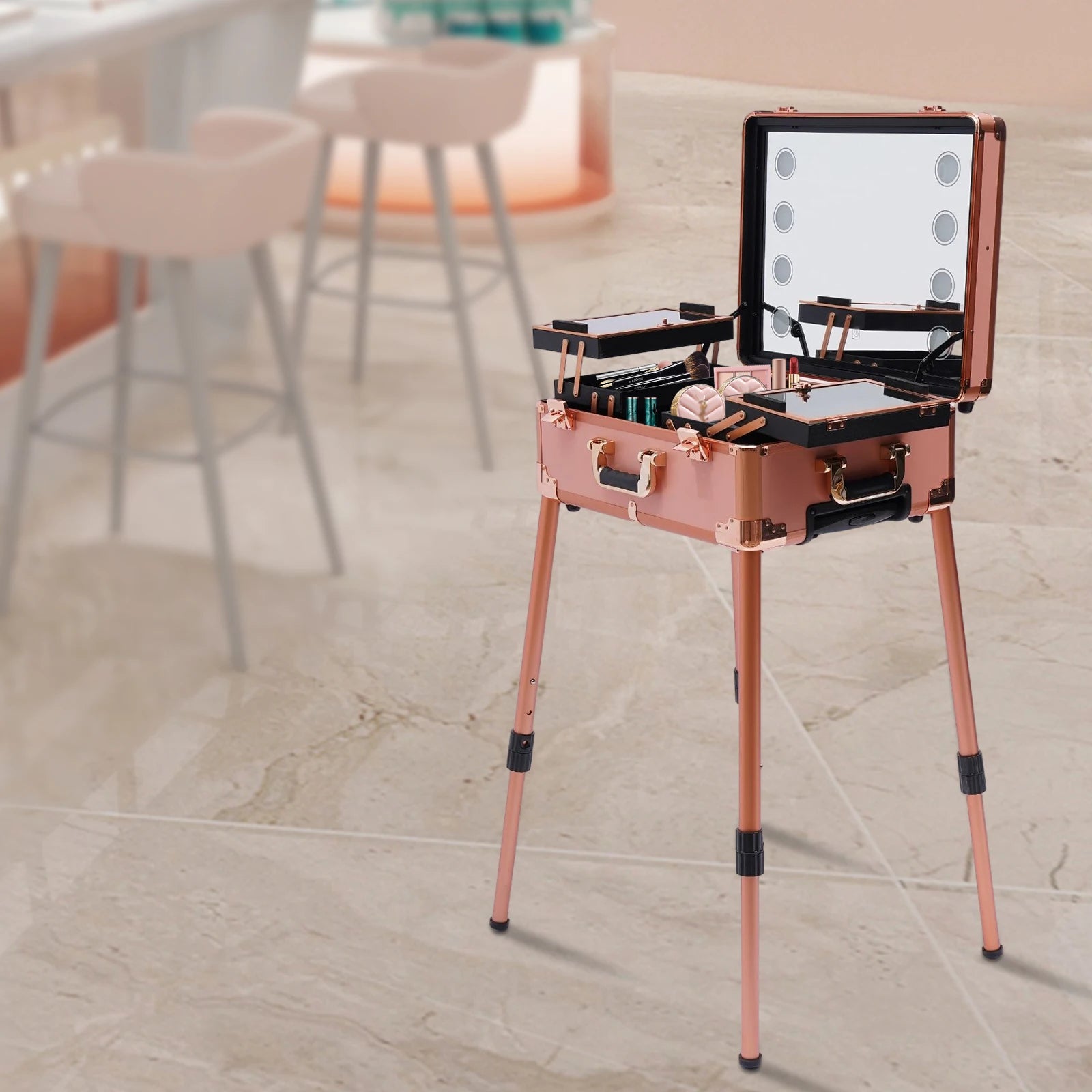 12V Make-up Table with 4 Castors & Lighting & Mirror & Lock, Professional Make-up Station, Adjustable Legs, Cosmetic Organizer B