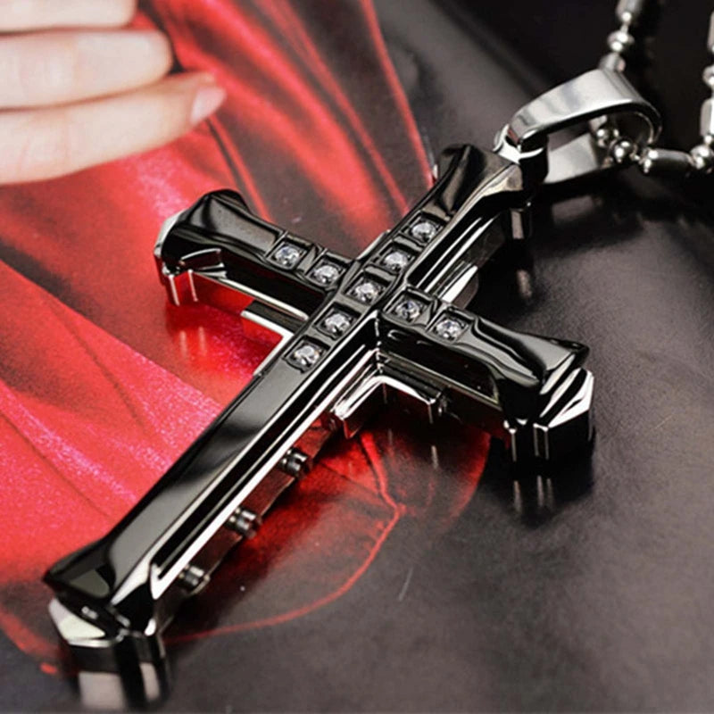 2024 New Male Crystal Cross Jesus Pendant Gold/Black/Blue Color Zirconia Cross Pendant Necklace Stainless Steel Jewelry