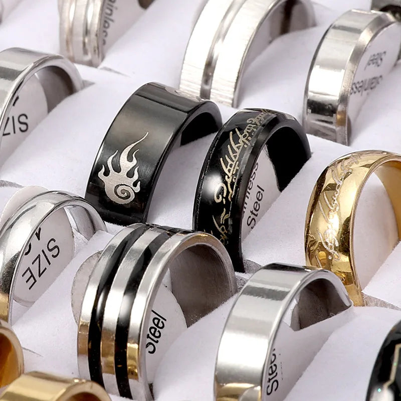 Wholesale 100 Pcs/box Fashion Stainless Steel Love Stripe Rings Punk Trendy Jewelry For Women Men Mix Style Size Party Gift