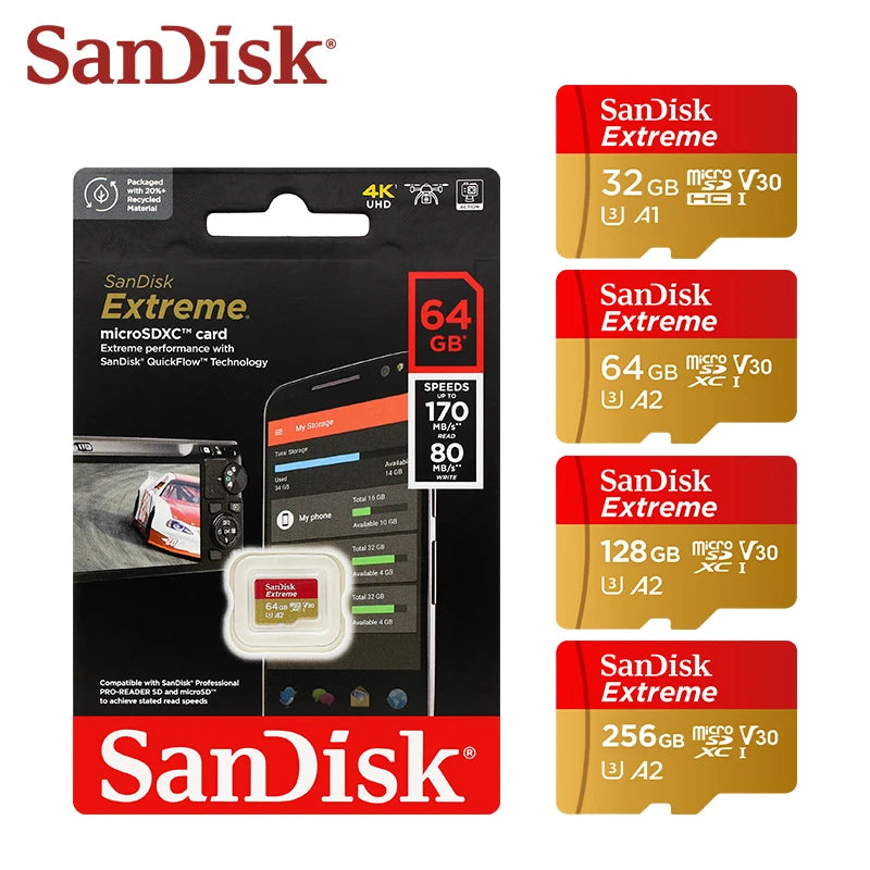 100% Original SanDisk Micro SD Card A1 A2 Memory Card 32GB 64GB 128GB 256GB 512GB 1TB microSD TF Card Storage UHS-I Cards U1 U3
