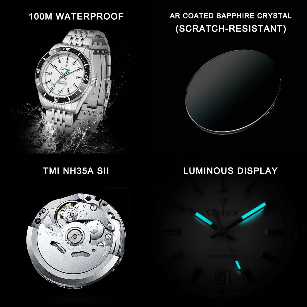 CADISEN New Men's Watches Mechanical Automatic Watch Men Japan Seiko NH35A Ceramic Bezel 10Bar Waterproof Wristwatch For Men