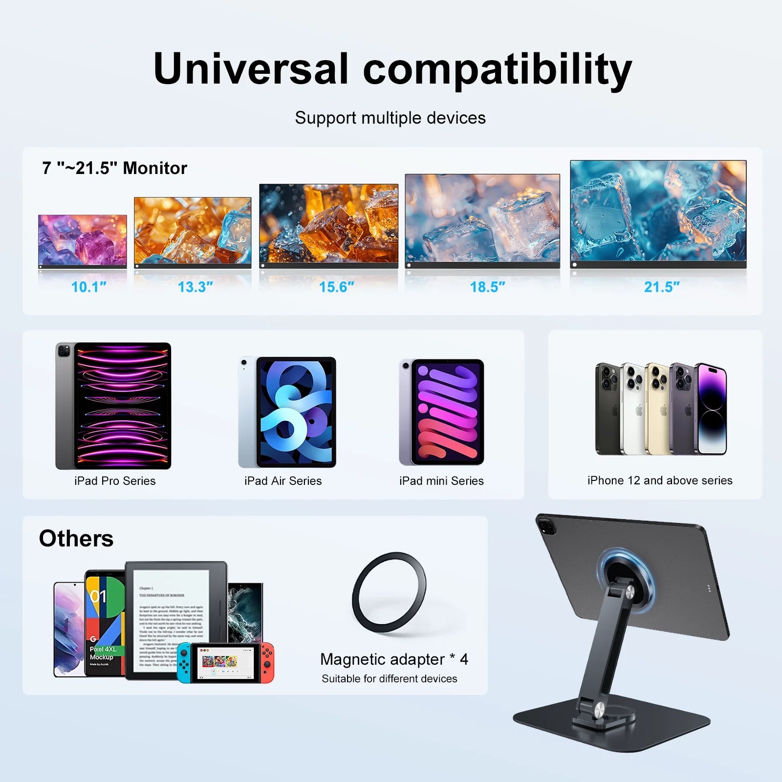 Magnetic Metal Stand 360° Rotating Bracket Universal Holder for 7-21.5 inch Portable Monitors iPads iPhone