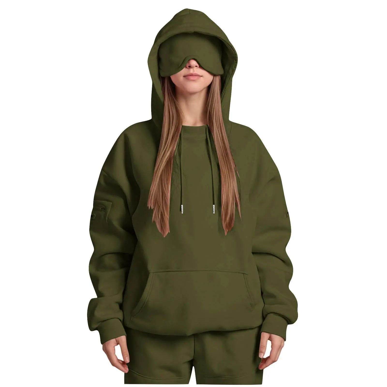 Unisex Hooded Sweatshirt With Built-In Eye Mask Casual Long Sleeved Solid Color Sports Pullover Loose Fit Sweatshirt 2025
