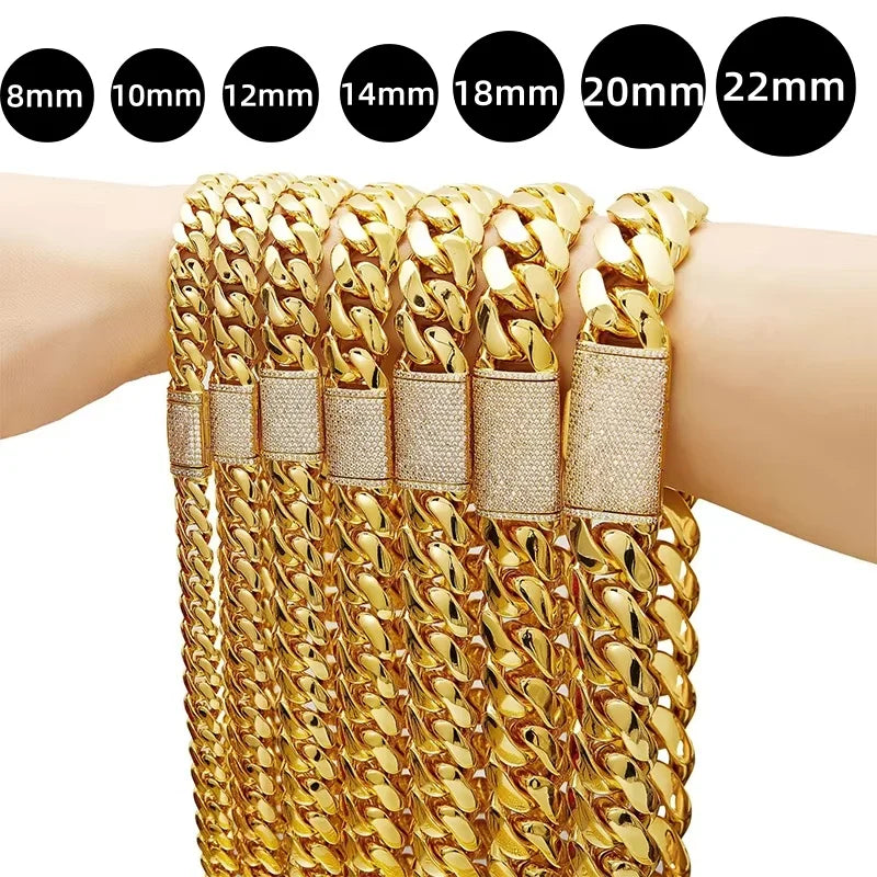 8-22mm Hip Hop Bling Iced Out 18k Gold-plated Stainless Steel Dense Cuban Miami Link Chain Necklaces for Unisex  Rapper Jewelry
