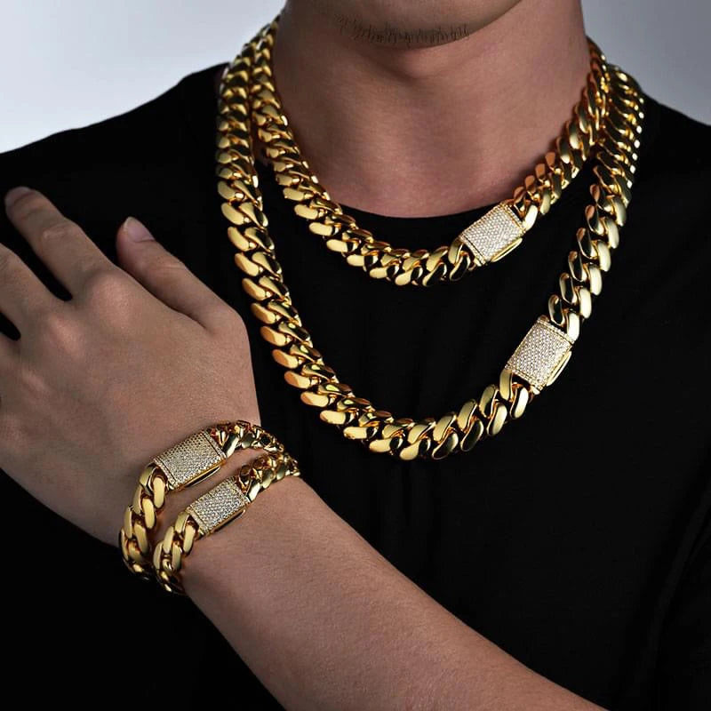 8-22mm Hip Hop Bling Iced Out 18k Gold-plated Stainless Steel Dense Cuban Miami Link Chain Necklaces for Unisex  Rapper Jewelry