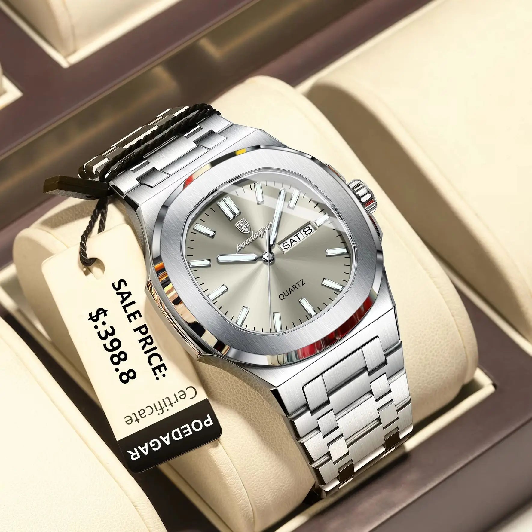 POEDAGAR Luxury Military Man Watch Square Waterproof Luminous Date Week Men Watch Stainless Steel Quartz Men's Watches Reloj+box