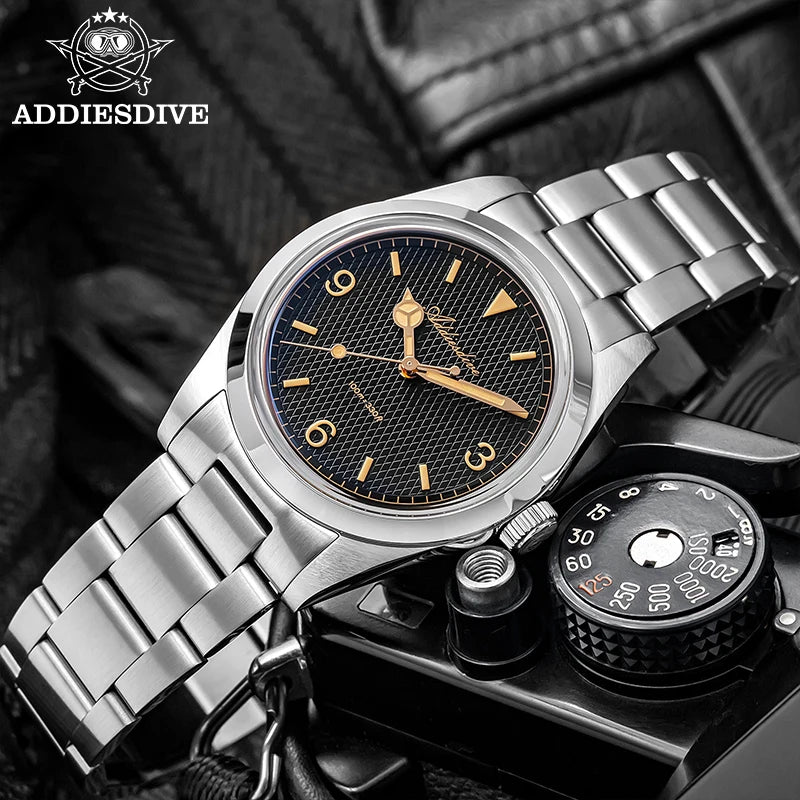 ADDIESDIVE New Men's Analog Watch Bubble Mirror Glass 100m Luminous Men's Quartz Watches with Stainless Steel Bracelet AD2096