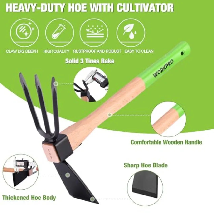 Hoe and Cultivator Garden Rake with 14 Wooden Handle Sharp Hoe Blade Sturdy 3 Claw Tiller 2in1 Heavy Duty Gardening Hand Tools