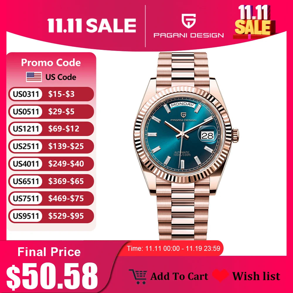 PAGANI DESIGN DD36 Men's Watches Rose Gold Luxury Automatic Watch For Men Mechanical Wristwatches Sapphire Mirror Clock Gift Man