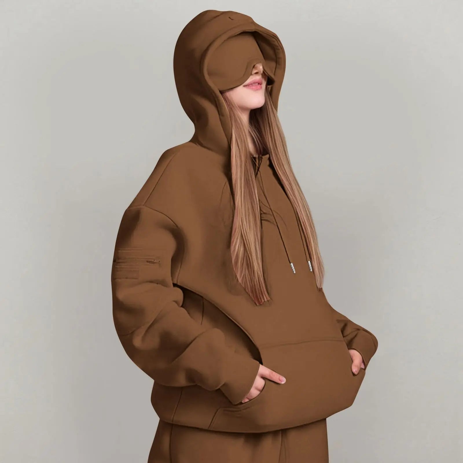 Unisex Hooded Sweatshirt With Built-In Eye Mask Casual Long Sleeved Solid Color Sports Pullover Loose Fit Sweatshirt 2025