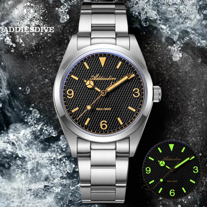 ADDIESDIVE New Men's Analog Watch Bubble Mirror Glass 100m Luminous Men's Quartz Watches with Stainless Steel Bracelet AD2096