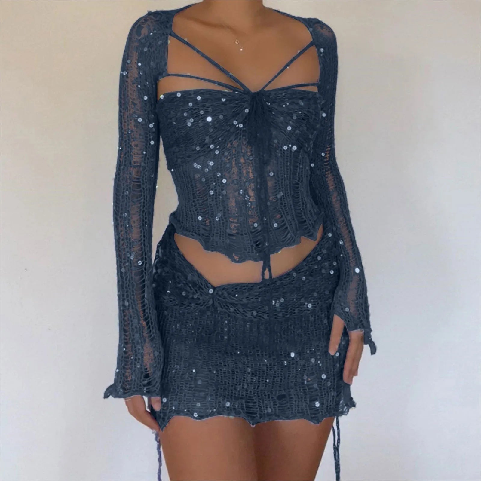Glitter Sequins Knitted Skirt Sets Women Fashion Hollow Sequins Bandage Tube Top Mini Skirts 3 Piece Outfit Vacation Clothing
