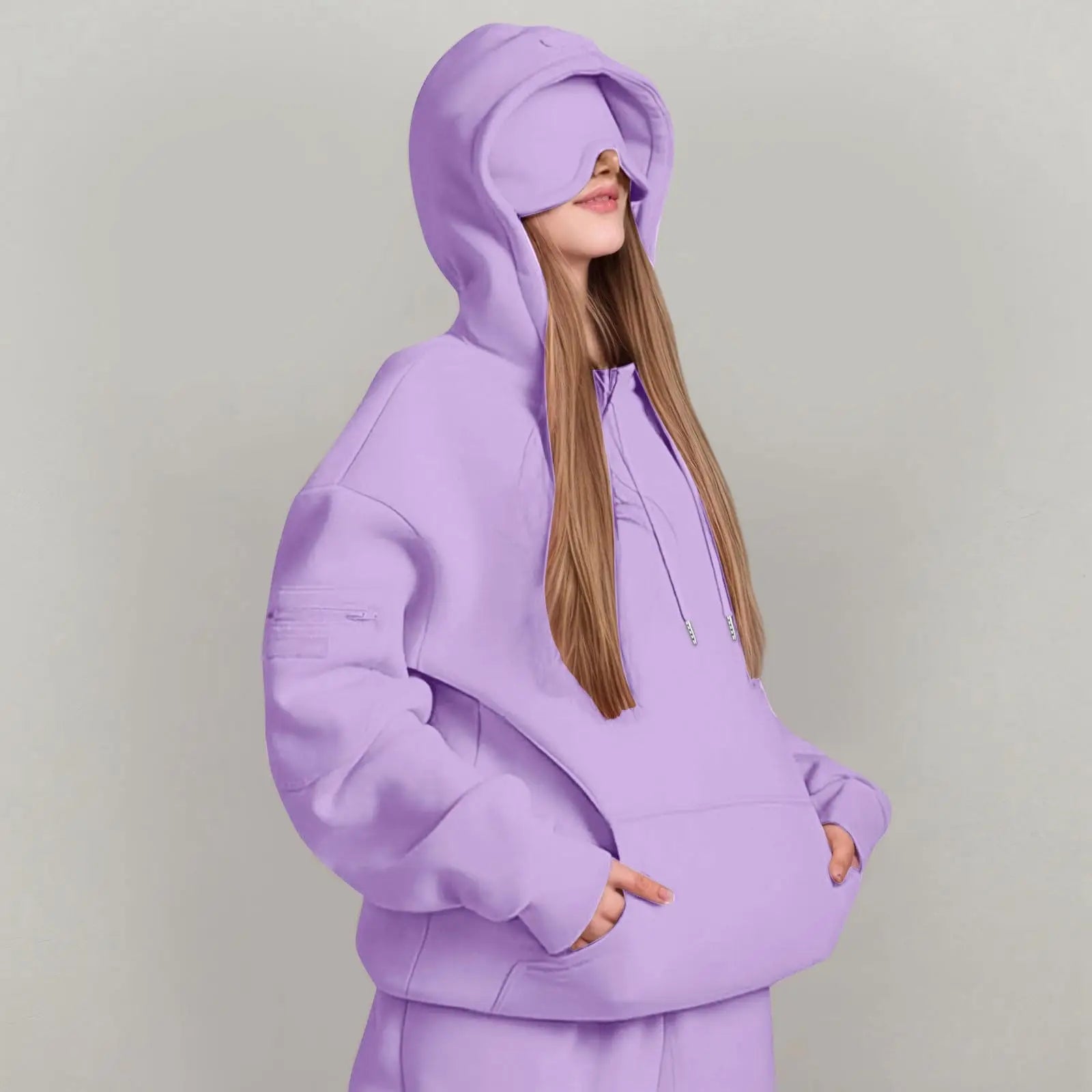 Unisex Hooded Sweatshirt With Built-In Eye Mask Casual Long Sleeved Solid Color Sports Pullover Loose Fit Sweatshirt 2025