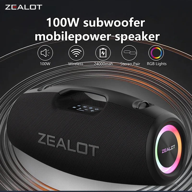 ZEALOT S78 100W Wireless Speakers, DSP Technology ,Dream Light, Outdoor Portable Subwoofer Speaker , Dual Pairing,24000mAh.
