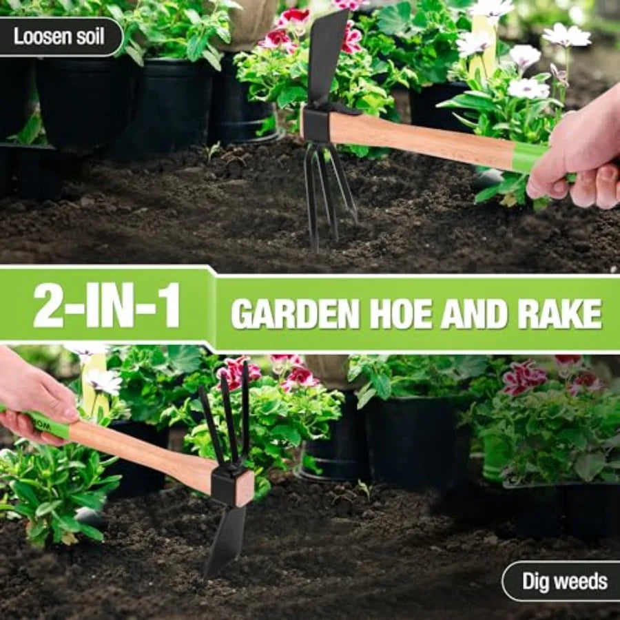 Hoe and Cultivator Garden Rake with 14 Wooden Handle Sharp Hoe Blade Sturdy 3 Claw Tiller 2in1 Heavy Duty Gardening Hand Tools