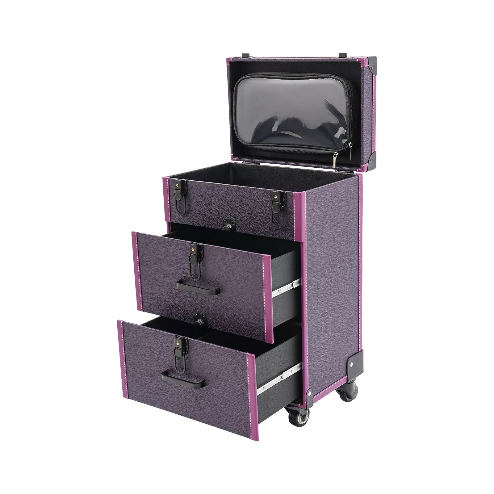 Rolling Makeup Case Cosmetic Case Trolley Make Up Suitcase with Wheels Purple