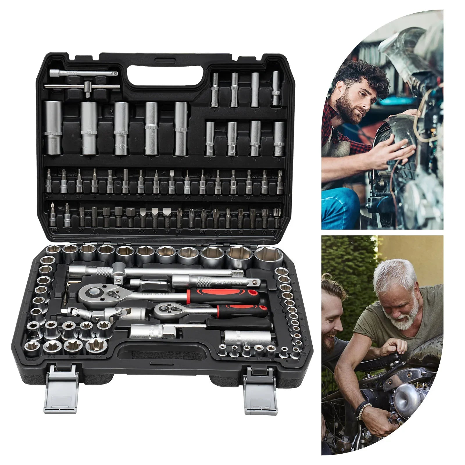 108 Piece Ratchet Wrench Mechanics Tools Set Metric 1/4 And 1/2 Drive Socket Carbon And #45 Steel, PP Kit
