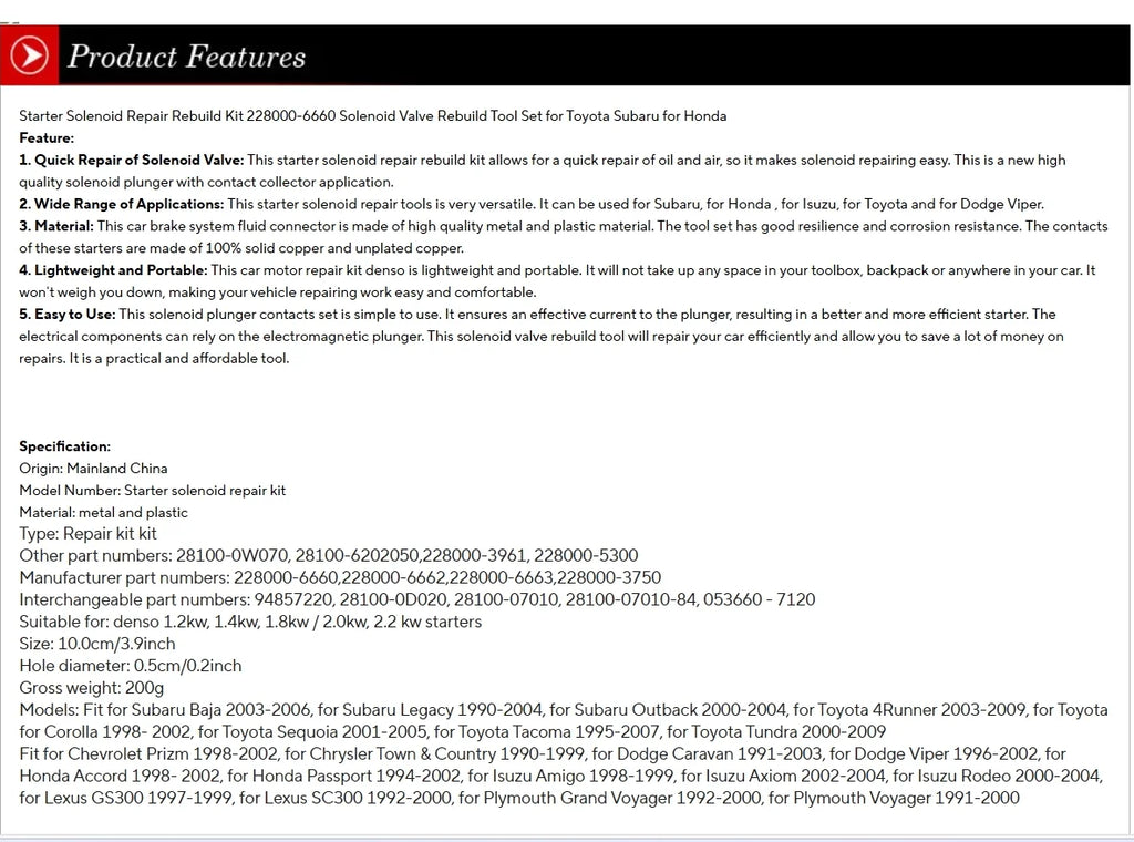 Starter Solenoid Repair Rebuild Kit 228000-6660 Starter Solenoid Repair Tools 228000-6662 Plunger Contacts Set for Toyota Subaru