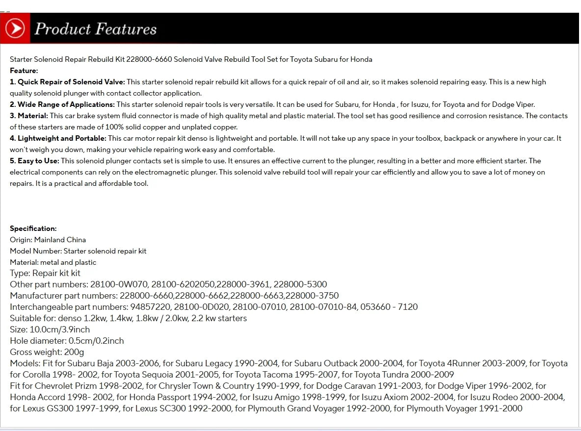 Starter Solenoid Repair Rebuild Kit 228000-6660 Starter Solenoid Repair Tools 228000-6662 Plunger Contacts Set for Toyota Subaru