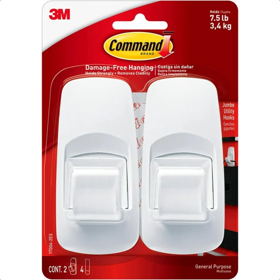 7.5 lb Jumbo Utility Hook 2 Hooks and 4 Strips Damage Free Hanging Wall Hooks with Adhesive Strips No Tools Adhesive Hooks for