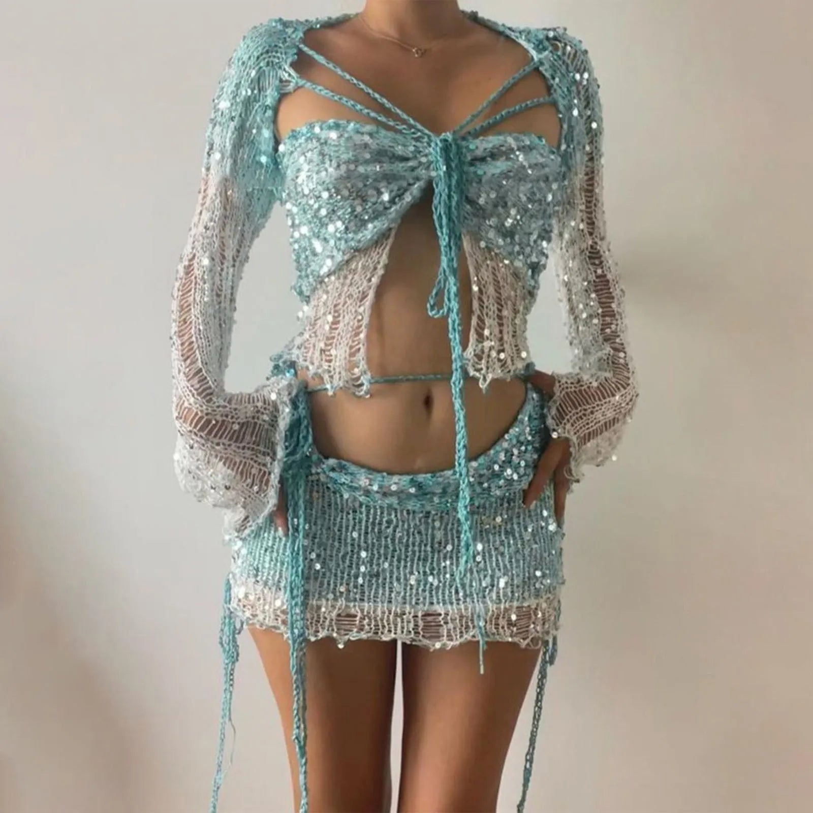 Glitter Sequins Knitted Skirt Sets Women Fashion Hollow Sequins Bandage Tube Top Mini Skirts 3 Piece Outfit Vacation Clothing