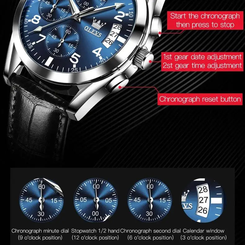 OLEVS 2878 Men Watch Brand Luxury Quartz Watch Business Leather Strap Waterproof Luminous Leisure Sports Men Watch Reloj Hombre